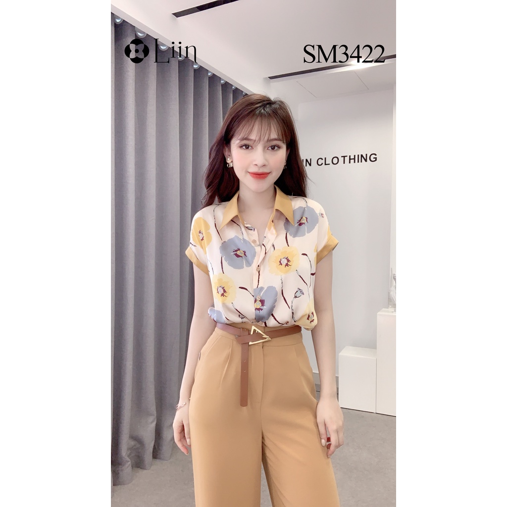 Áo sơ mi nữ Cộc Tay phối Hoa chất lụa Hàng Châu đẹp, mặc thoải mái Liin Clothing SM3422