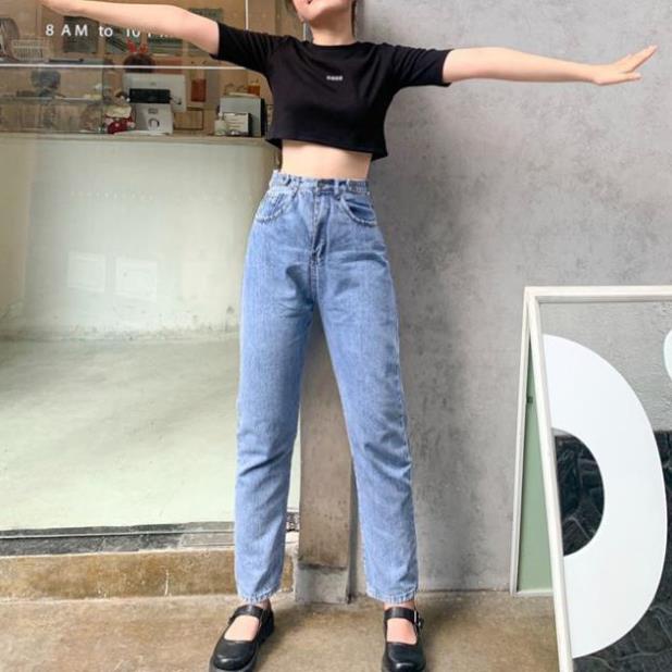 Quần jean quần bò nữ form baggy trơn cạp cao rộng suông dáng dài 3 nút xanh cao cấp-Hàng loại 1 , _ !