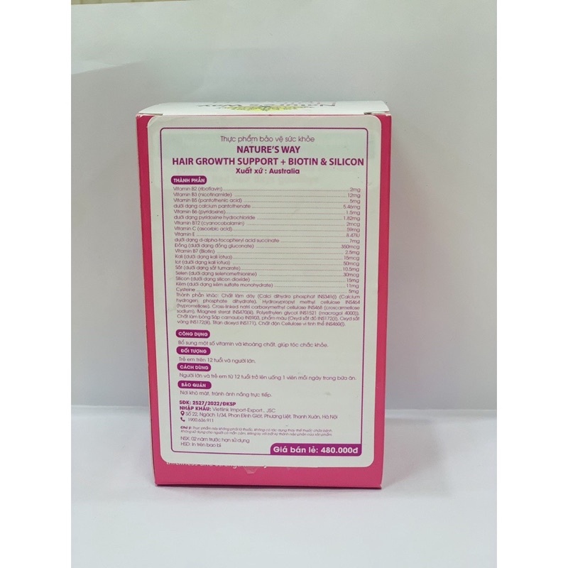 Viên Uống Hỗ Trợ Mọc Tóc Nature's Way Hair Growth Support + Biotin &amp; Silicon, Giảm Rụng Tóc, Nuôi Dưỡng Tóc Hộp 30v