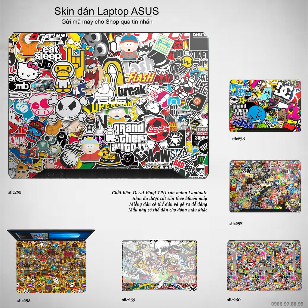 Skin dán Laptop Asus in hình sticker bomb (inbox mã máy cho Shop)