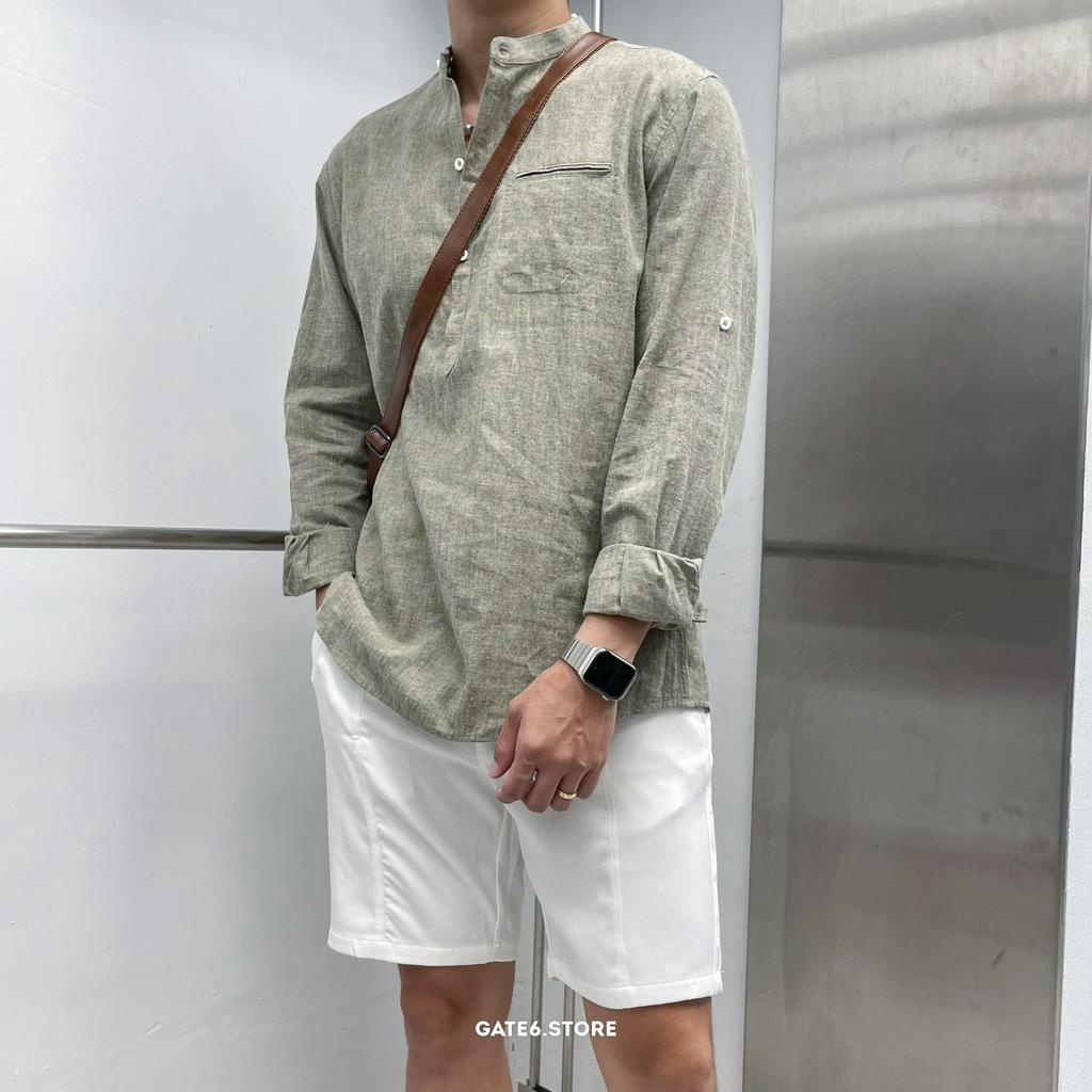 Áo Sơmi Nam đũi henley BT, somi cổ trụ vải linen mềm đã giặt xử lý chống co dáng rộng Hàn Quốc - GATE6 - 4971