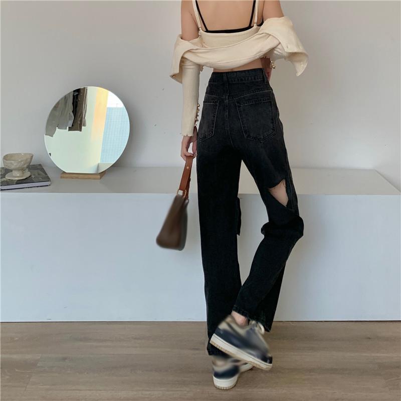 Jiashucheng Quần Jeans Nữ Lưng Cao Dáng Ôm Rách Cá Tính