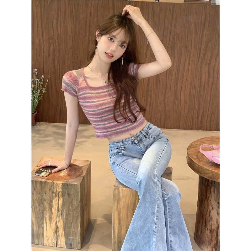 Porozi  Áo crop top dệt kim  thời trang Hàn Quốc kẻ sọc ngắn tay