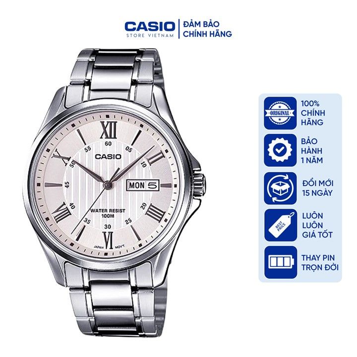 Đồng hồ Nam Casio MTP-1384D-7AV, đồng hồ chính hãng, dây bạc mặt trắng