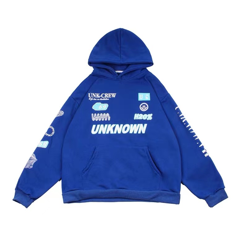 Áo hoodie lót nỉ bông in màu xanh da trời Mỹ phong cách retro RNEARLY