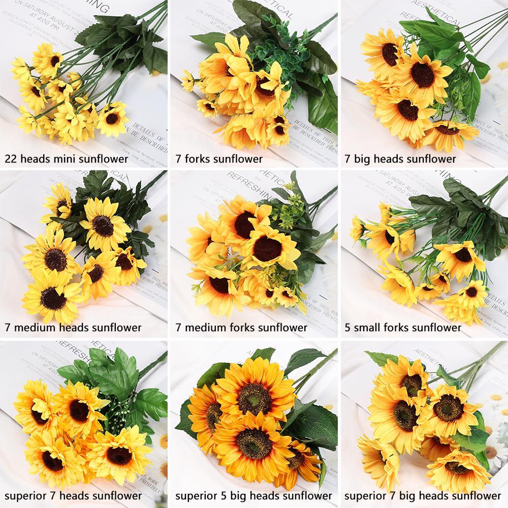 Bó Hoa Hướng Dương Giả 5 / 7 / 22 Bông Bằng Lụa Màu Vàng Sáng Trang Trí Thủ Công