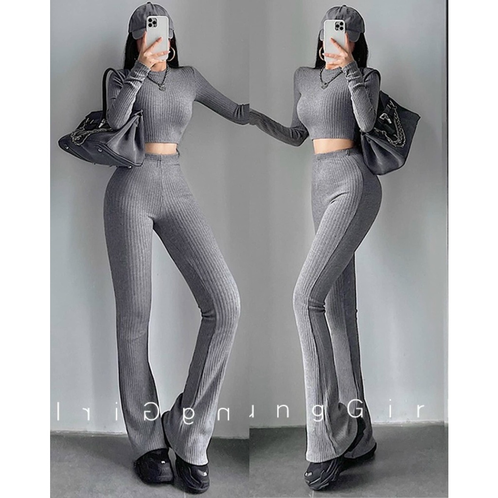 Set thể thao áo croptop quần ống loe