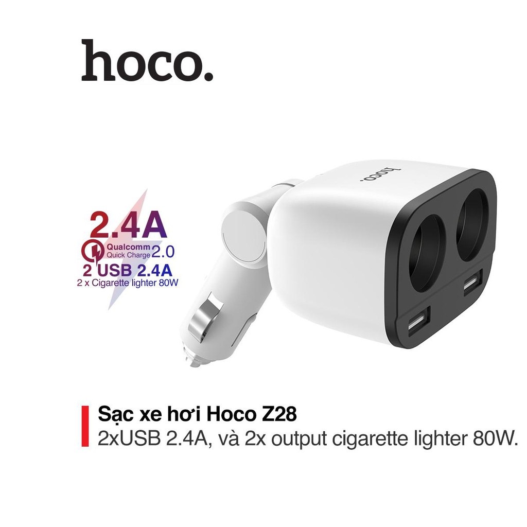 CHÍNH HÃNG Dock tẩu sạc ô tô xe hơi nhãn hiệu Hoco Z28 hiển thị LED thông minh điện áp 3.1A 2 tẩu 2 cổng USB - CCN