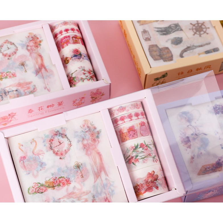 Hộp 5 cuộn washi và 9 tờ sticker dán trang trí