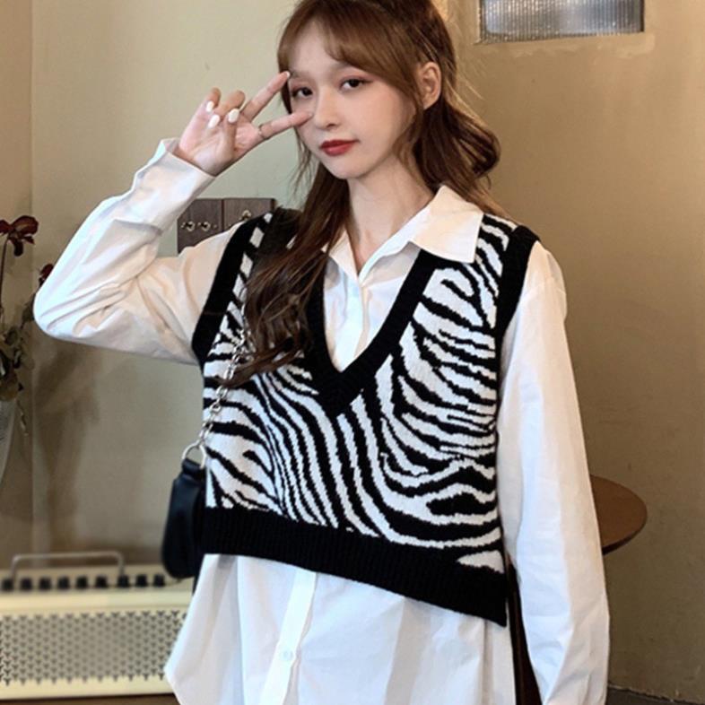 Áo Vest Dệt Kim Cổ Chữ V Dáng Rộng Hoạ Tiết Ngựa Vằn Thời Trang Thu Đông *