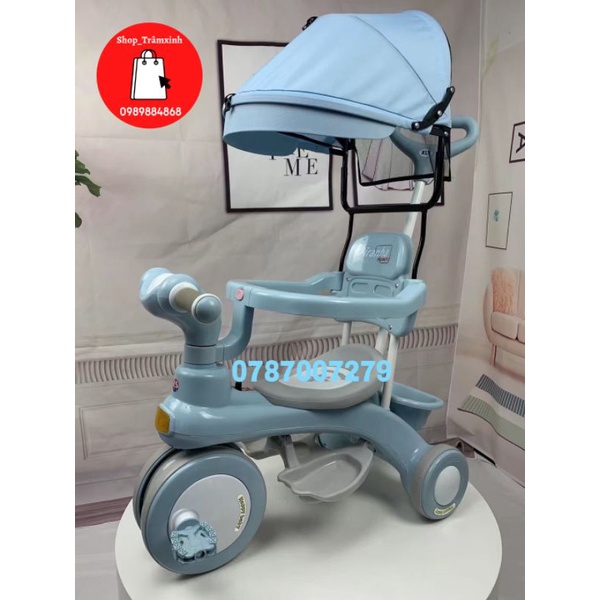 Xe đẩy 3 bánh nhựa cao cấp có cán đẩy, mái che cho bé 1-6 tuổi