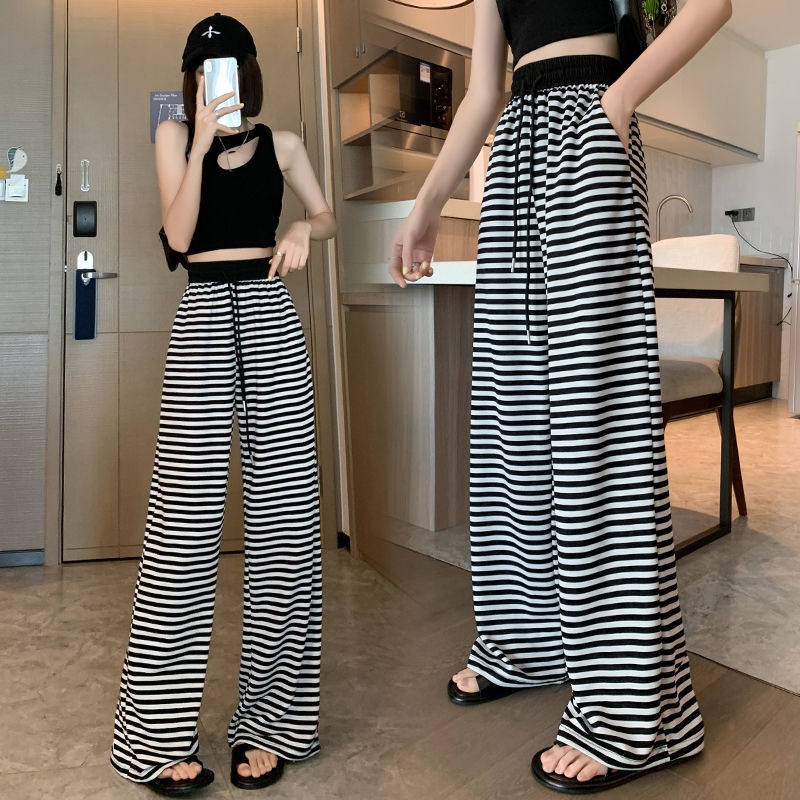 Quần Thể Thao Dài Lưng Cao Ống Suông Họa Tiết Kẻ Sọc