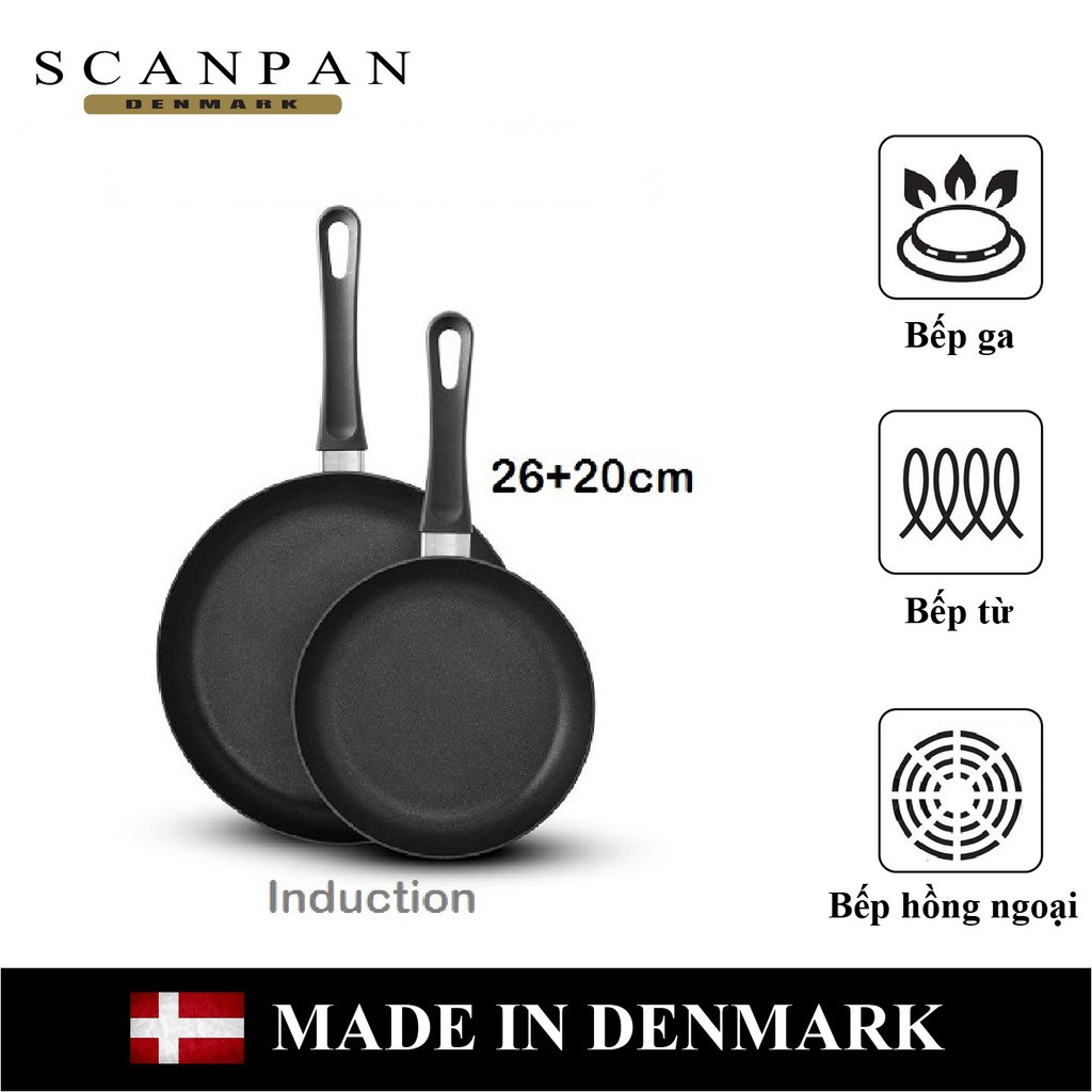 Bộ 2 chảo chống dính Scanpan Classic 20cm &amp; 26cm 53000204 đáy từ, sản xuất Đan Mạch, bảo hành 3 năm chống dính