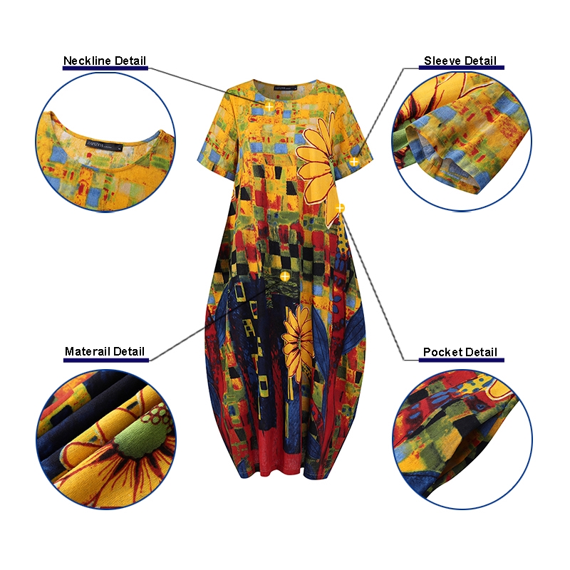 Đầm Zanzea Ngắn Tay In Họa Tiết Phong Cách Thanh Lịch Thời Trang