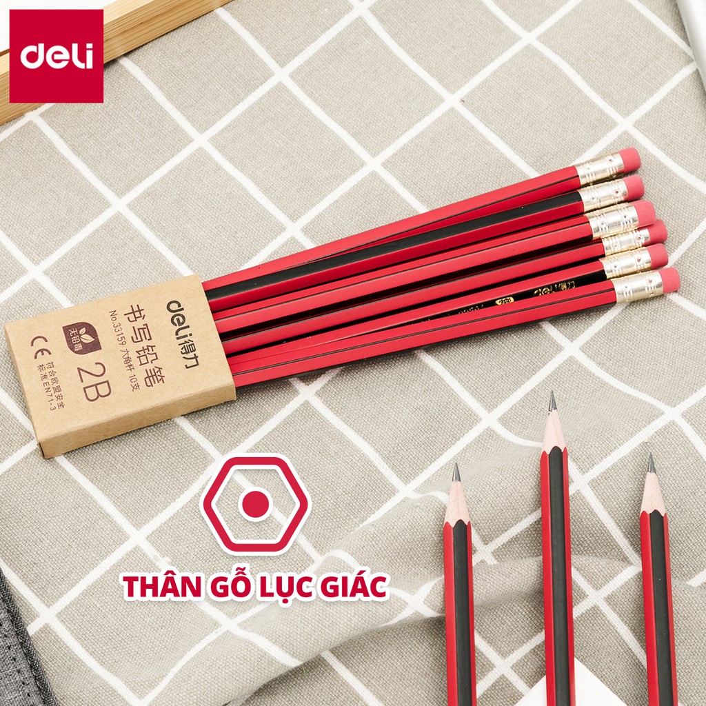 Bút chì lục giác Deli - bút chì gỗ - loại 2B/HB - 10 chiếc/hộp - 33158 / 33159