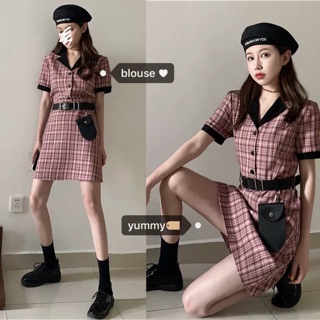 Đầm sơ mi cổ V kẻ caro kèm đai thắt lưng kèm ảnh thật - Hàng order