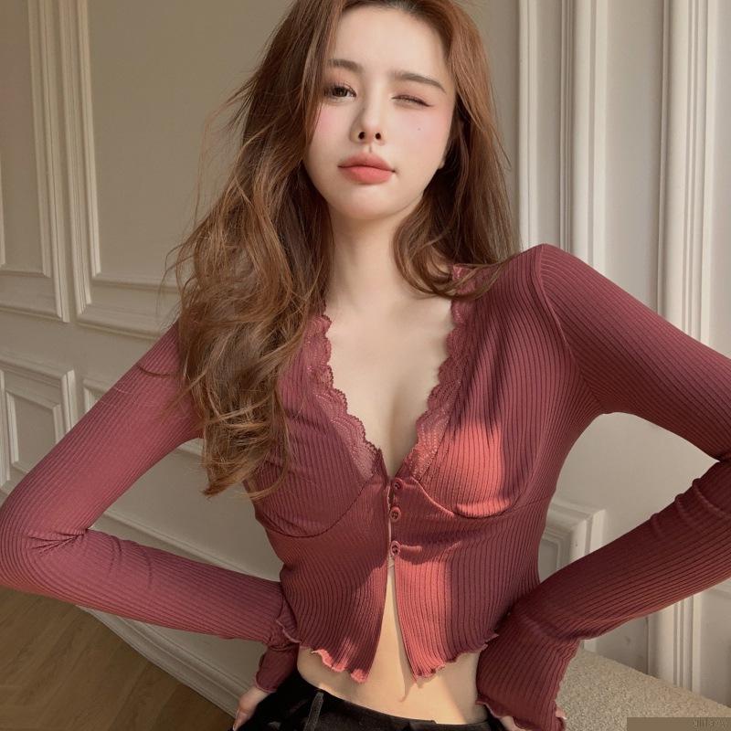 Áo thun croptop tay dài cổ chữ V màu sắc đơn giản phong cách Hàn Quốc cho nữ