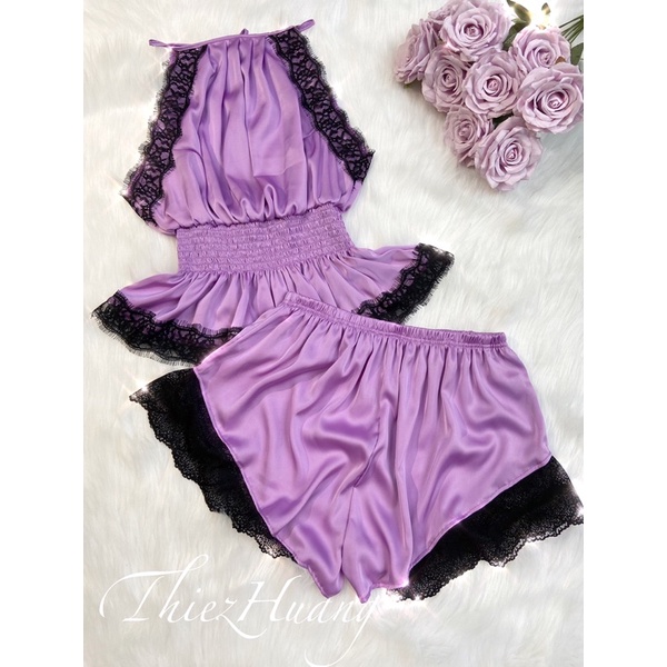 Set cổ yếm lụa mặc nhà phối viền ren đáng yêu, quyến rũ