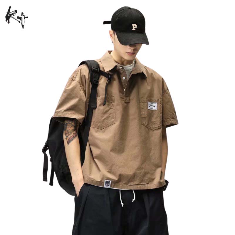 Áo polo KT ngắn tay form rộng phong cách retro đường phố Nhật Bản