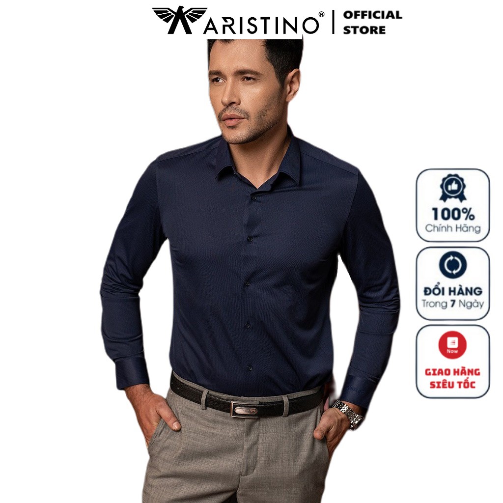 Áo Sơ Mi Nam Dài Tay ARISTINO ALS12009 Somi Công Sở Cao Cấp Màu Xanh Navy Kẻ Sọc Chìm Vải Sợi Knit Dáng Ôm Không Túi