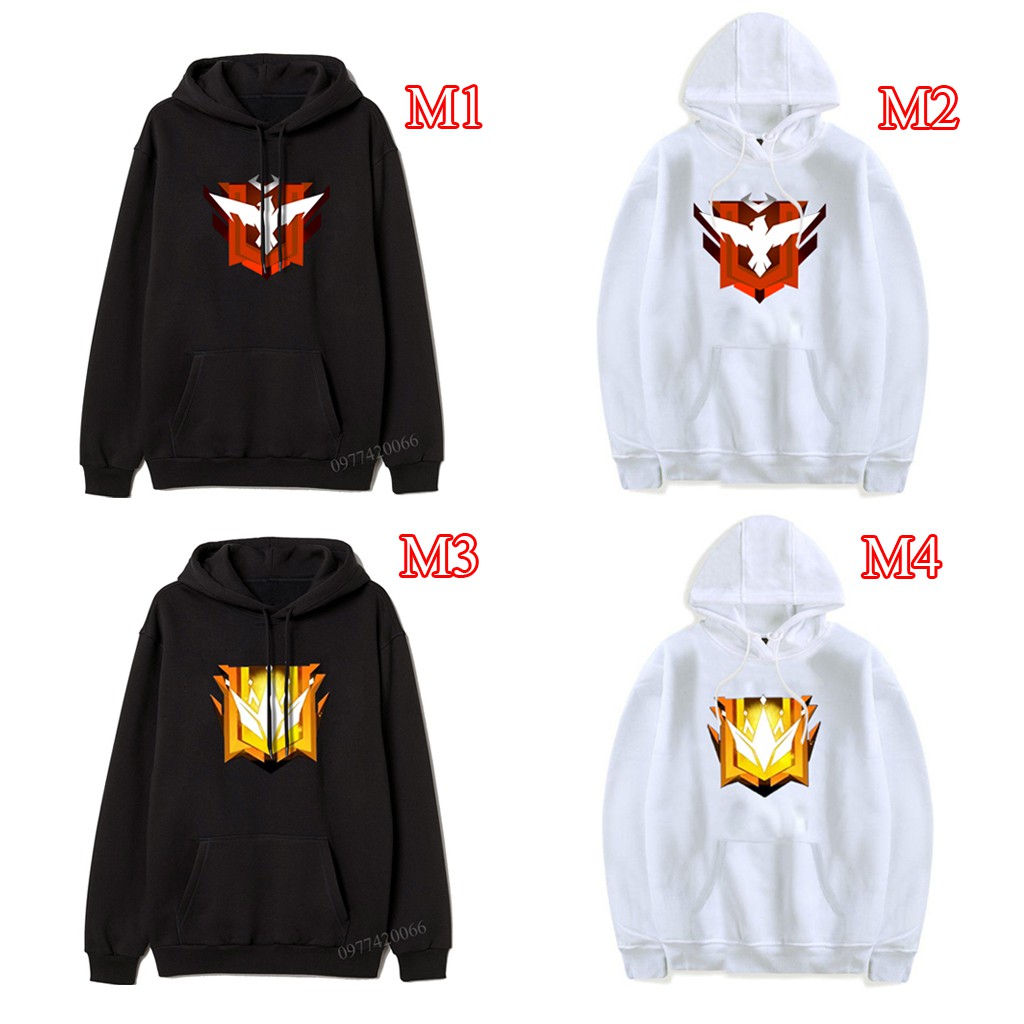 Ào free fire 3D, áo hoodie freefire, logo rank thách đấu, rank huyền thoại