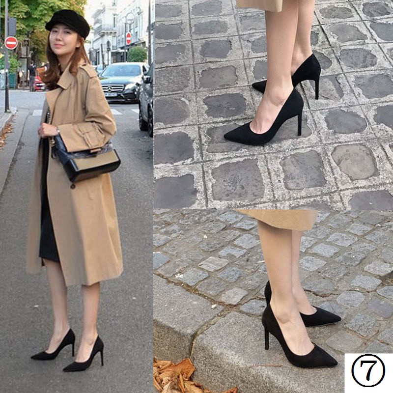 Giày Cao Gót 5-7 - 9cm Mũi Nhọn Màu Đen Thời Trang Công Sở Thanh Lịch Cho Nữ