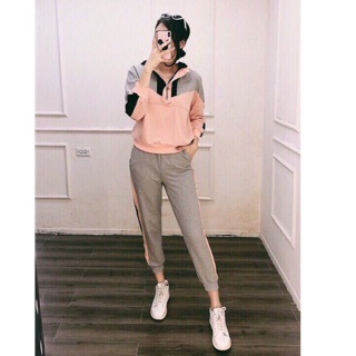 Bộ thể thao nữ phối màu Hồng ghi
