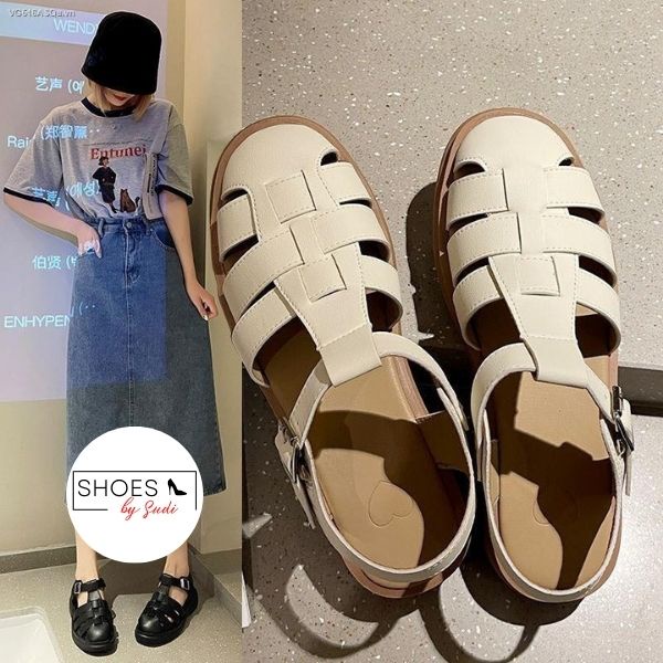 Sandal chiến binh đế bằng quai dọ 2 màu trắng đen khóa cài Sudi Shoes SD065 AHF mẫu dép xăng đan học sinh hot trend 2022