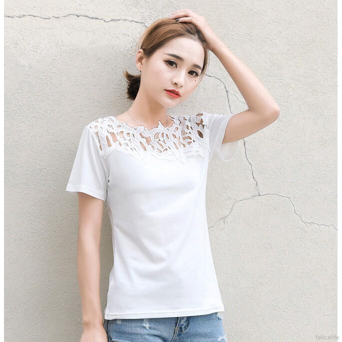 Áo tay ngắn phối lớp ren hoa xinh xắn cho nữ