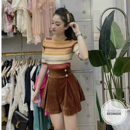 Áo len kẻ phối màu dáng ôm cổ tròn, Áo kiểu ngắn tay co giãn MH1283 - THaoVan Shop