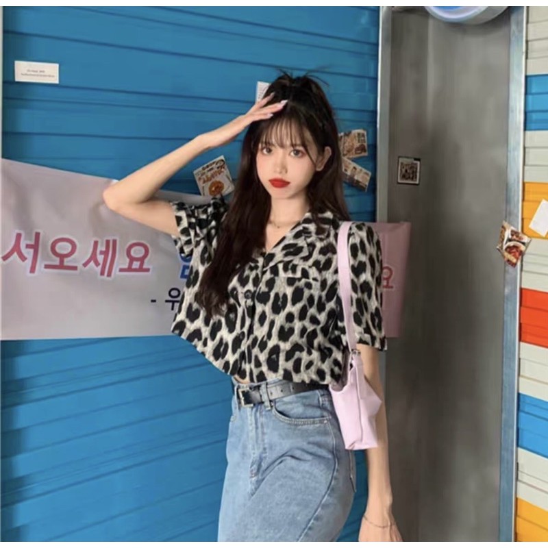 Order áo sơ mi croptop nữ da báo cá tính