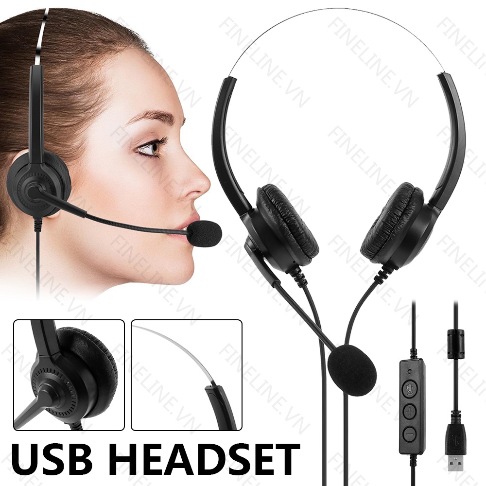 Tai nghe chụp tai tích hợp micro chống ồn kết nối USB gắn máy tính bàn/laptop dùng cho tổng đài viên