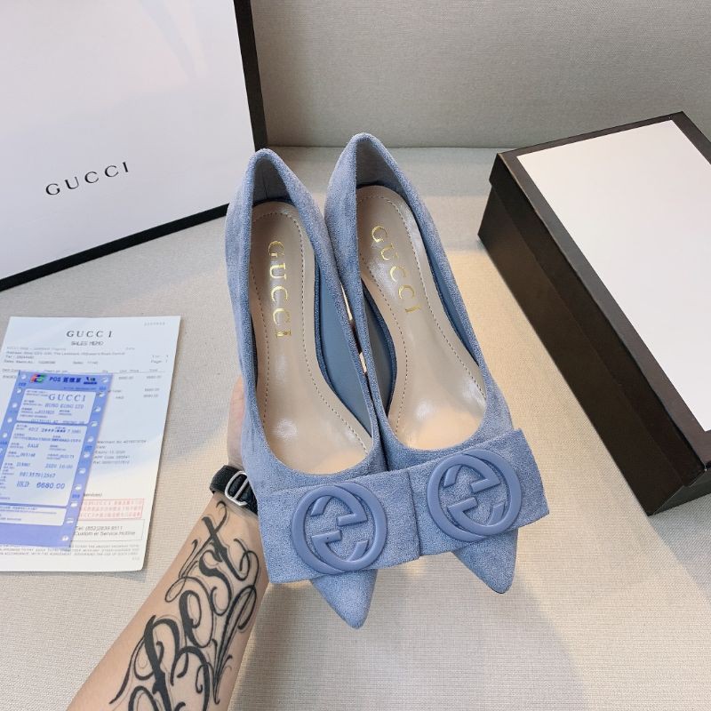 giày cao gót nữ mũi nhọn gót 5cm quai nơ logo GG Gucci GC
