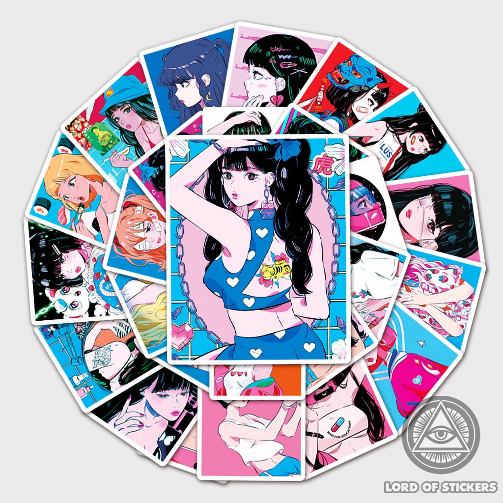 Set 50 Nhãn Dán Hoạt Hình Cô Gái Nhật Bản Sticker Cute Anime Aesthetic Chống Thấm Nước Trang Trí Mũ Bảo Hiểm, Laptop, Sổ