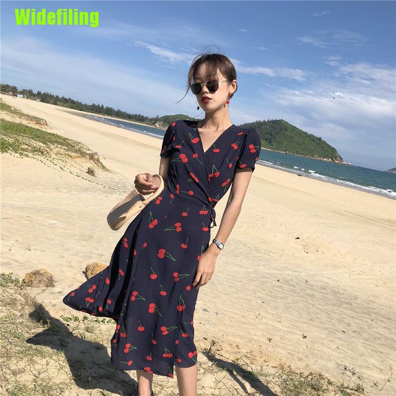 Đầm Maxi Ngắn Tay Ôm Dáng In Họa Tiết Cherry Thời Trang Hàn Quốc Cho Nữ