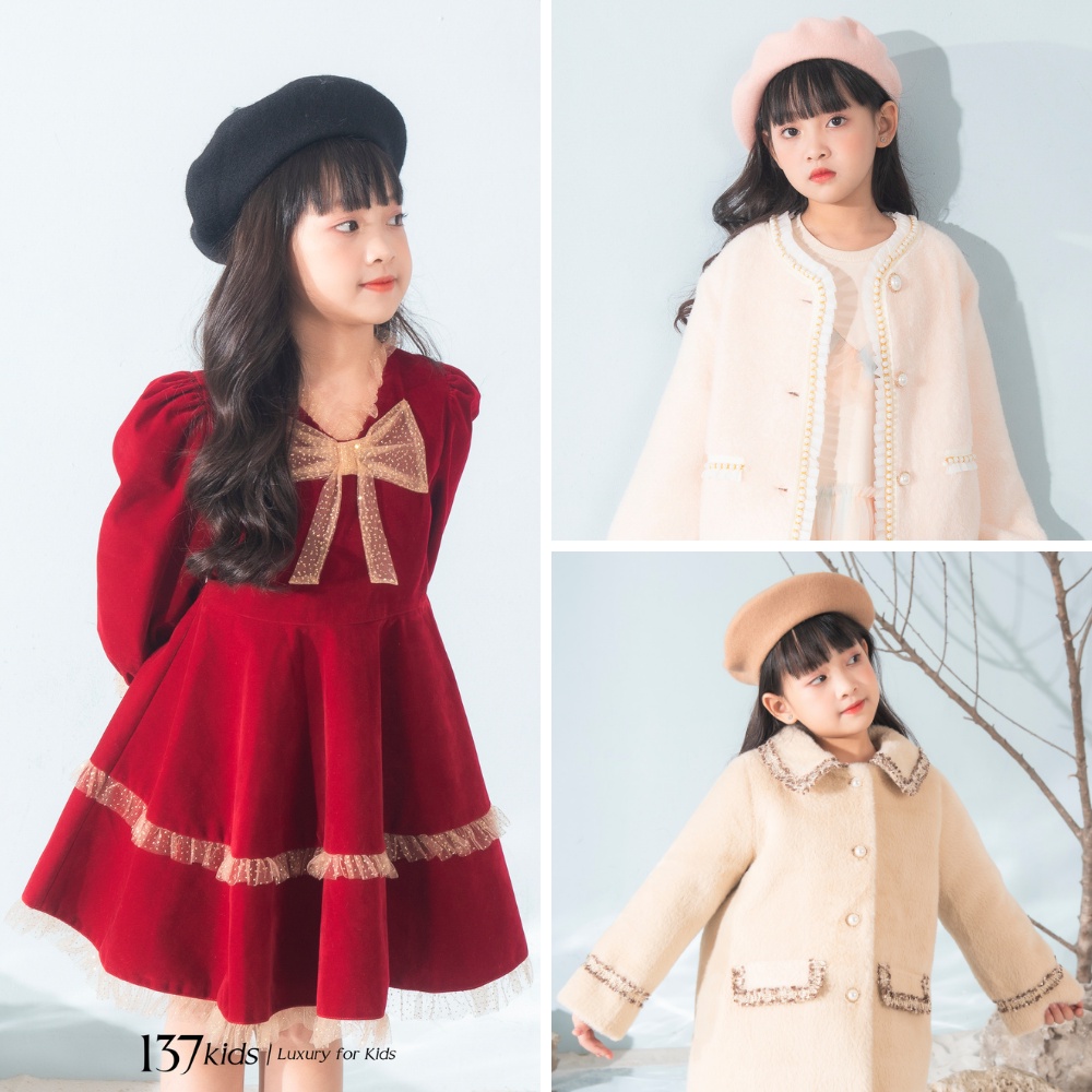 Váy nhung babydoll bé gái dài tay Fancy 137KIDS thiết kế dáng xòe cao cấp đính nơ ngực 10-40kg