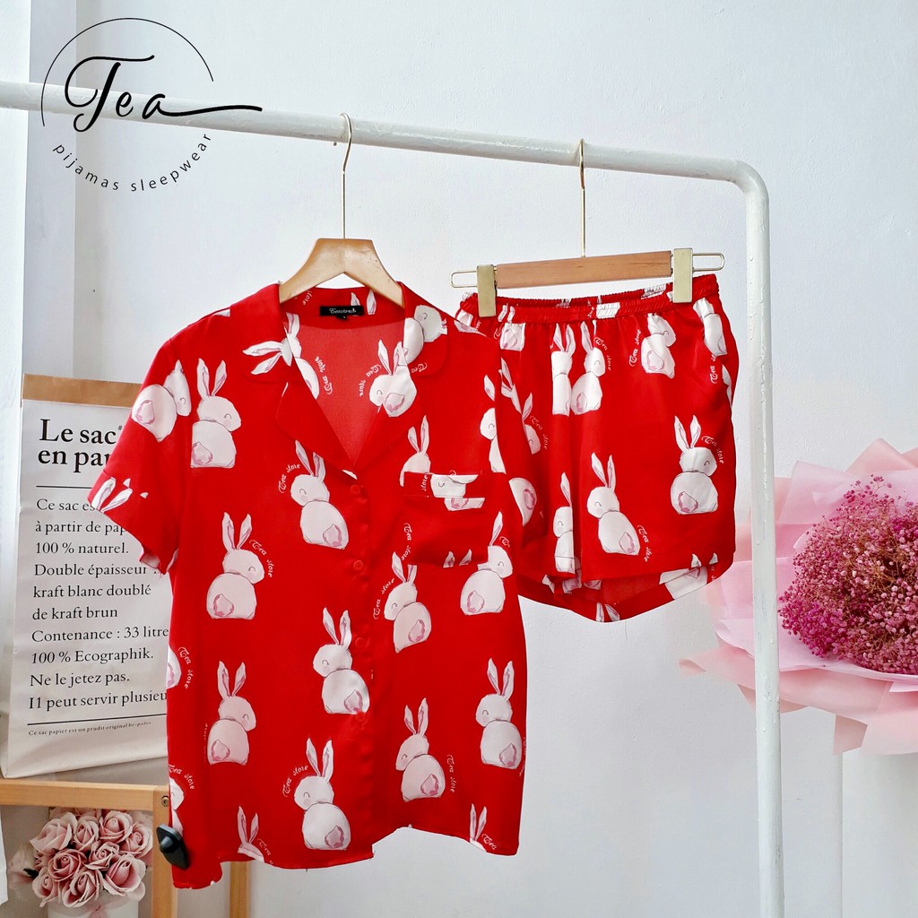 Bộ Mặc Nhà Pyjama Lụa Cộc Tea Store Họa Tiết Thỏ Đáng Yêu