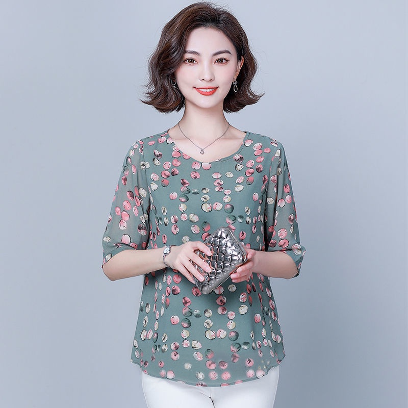 Áo chiffon tay lửng họa tiết hoa plus size cho phụ nữ trung niên