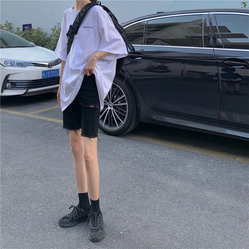 AMOI Quần Short Denim Màu Đen Lưng Cao Dáng Suông Rách Cá Tính Có Size Lớn Phong Cách Hàn Quốc Cho Nữ