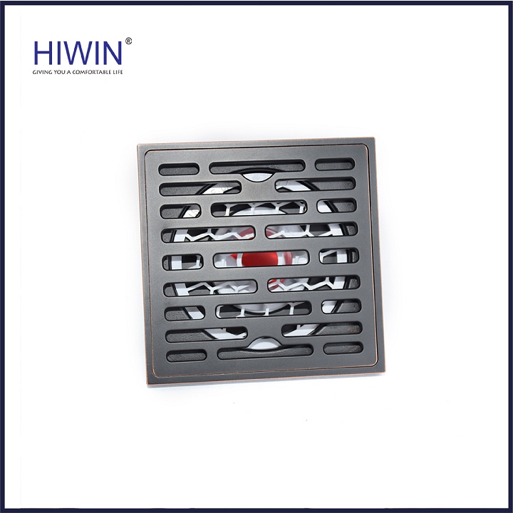 Phễu thoát sàn ngăn mùi hôi thoát nước nhanh đồng mạ đen kích thước 100x100mm HIWIN FD-1408B