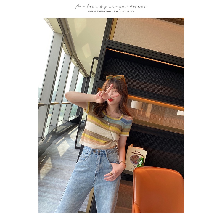 Áo Thun Dệt Kim Ngắn Tay Cổ Vuông Họa Tiết Kẻ Sọc Thời Trang Mùa Hè Mới Cho Nữ