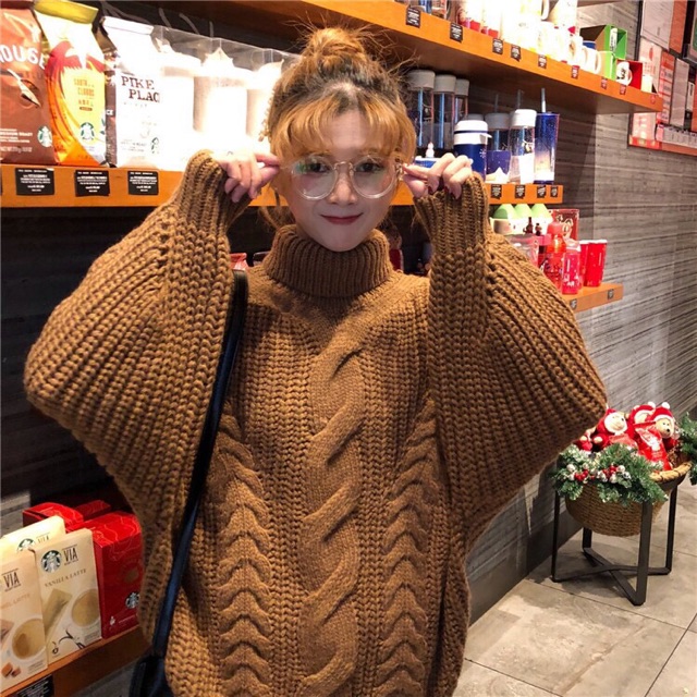 áo len ulzzang cao cổ dày áo len thừng cổ lọ gấp áo len nữ đẹp dáng rộng tay dài be nâu kiểu hàn quốc | BigBuy360 - bigbuy360.vn