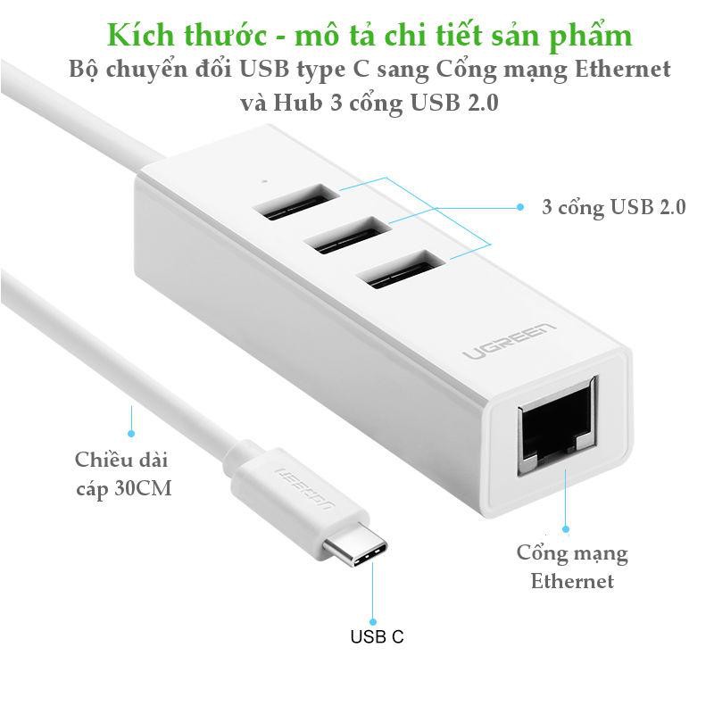 Cáp chuyển đổi USB type C sang Ethernet RJ45 + Hub 3 cổng USB 2.0 dài 30cm Ugreen 20792