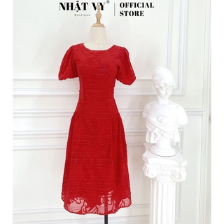 Đầm Nữ NHẬT VY Hoa Nổi Phối Tay Bí Cổ Tròn Dáng Xòe Chất Tơ Thêu Màu Vàng, Đen, Trắng, Xanh - D2232