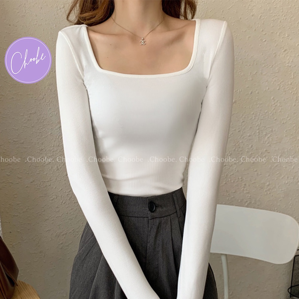 Áo croptop tay dài Choobe cổ vuông vải thun ôm body crotop nữ cotton co giãn tốt A35 | BigBuy360 - bigbuy360.vn