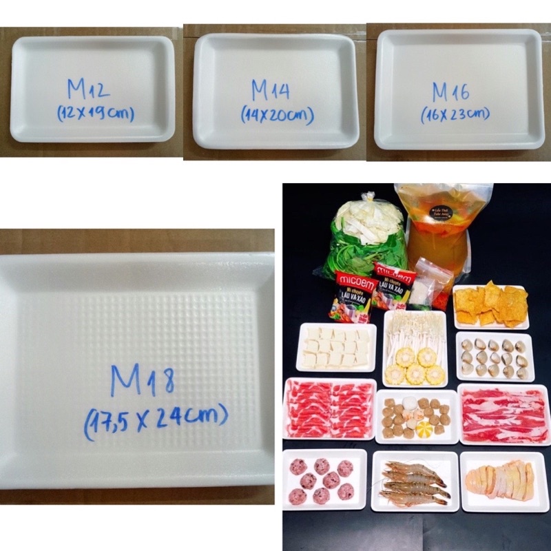 Combo 30-50 khay xốp đựng thực phẩm trắng đủ kích thước