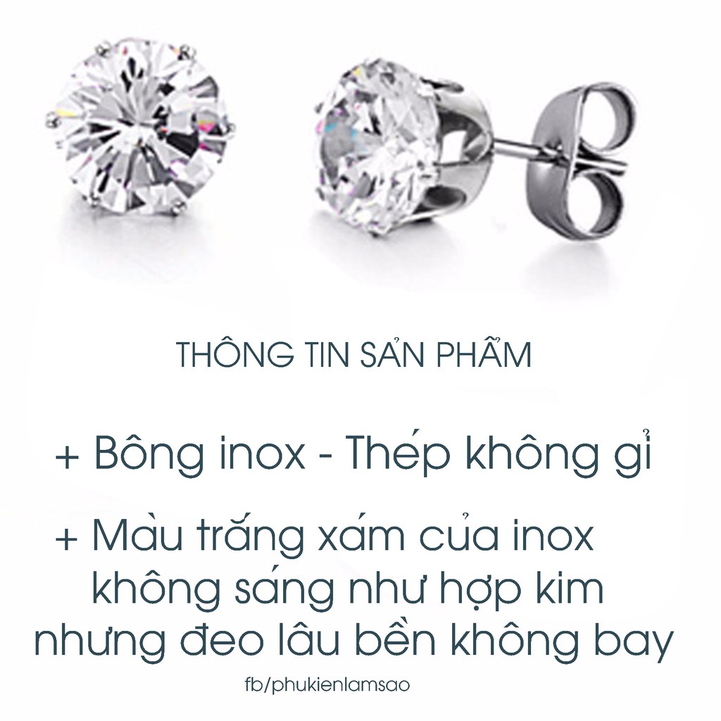 Bông tai nam / Nữ inox nụ hạt đá to đẹp Trắng Sáng - shop ánh sao