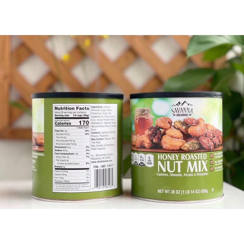 Hạt tổng hợp tẩm mật ong Savanna Orchard Honey Roasted Nut Mix 850g #Hộp_xanh: gồm Điều - Hạnh Nhân - Hồ Đào - Macca
