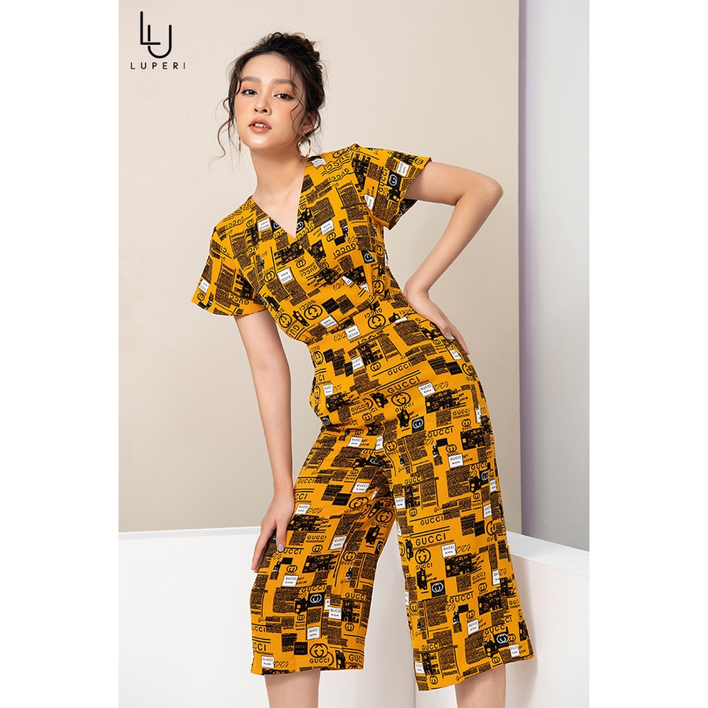 Jumpsuit Nữ Thiết Kế Luperi LFJ769 Tay Ngắn Kết Hợp Quần lửng ống suông họa tiết độc đáo