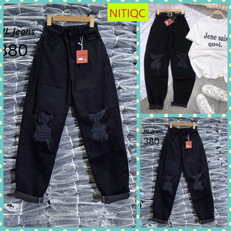QUẦN BAGGY JEANS NỮ LƯNG CAO RÁCH MẢNG VUÔNG 2 GỐI MÀU ĐEN LAI CUỐN FORM TÔN DÁNG VẢI DÀY DẶN CAO CẤP NITIQC